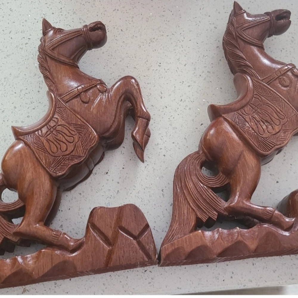 Hand Carved Horse Wood Matching Bookends, Rare Antique